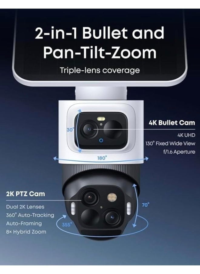 eufy Security eufyCam S4, Solar Security Camera Wireless Outdoor, Triple-Lens Bullet-PTZ Cam, 4K UHD, 360° Pan and Tilt, Auto Track, 8× Hybrid Zoom, Colour Night Vision, Compatible with HomeBase S380 - Image 2
